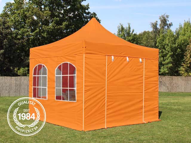 Oranger 3x3 m Faltpavillon mit Rundbogenfenstern.