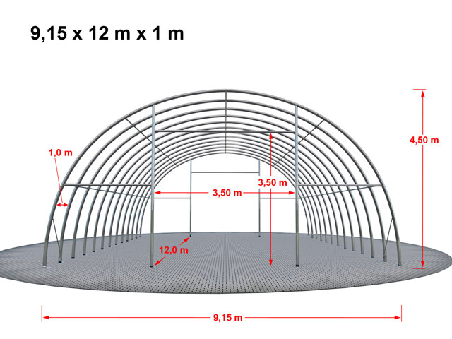 Aufmaßzeichnung einer Rundbogenhalle mit 12 m Länge.